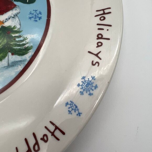 Winter Dinner Plate White Round Happy Holidays Snowflakes Snowman Couple Dish - Picture 8 of 12